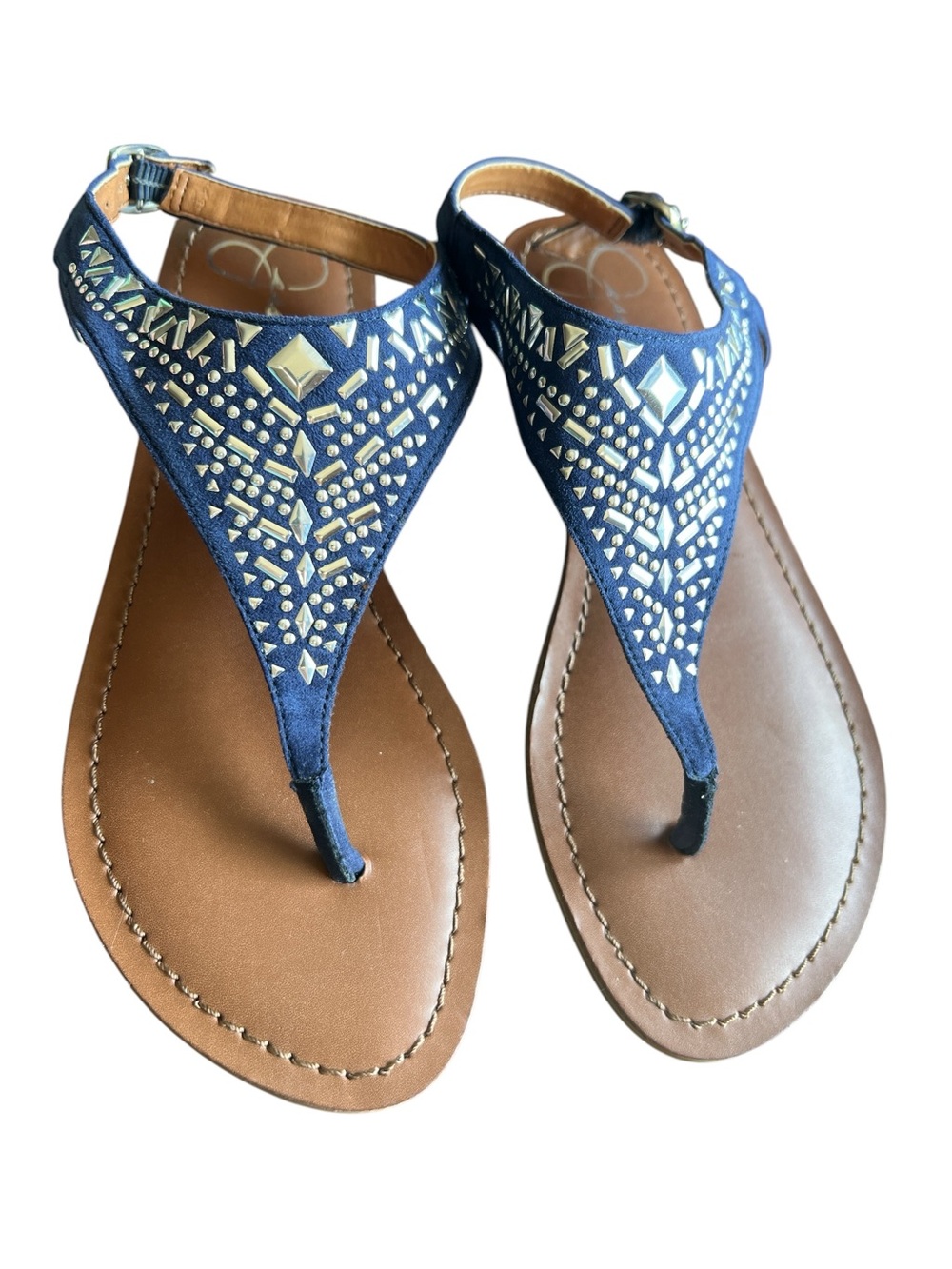 Jessica Simpson Navy Embellished T-Strap Women's Sandals 8m